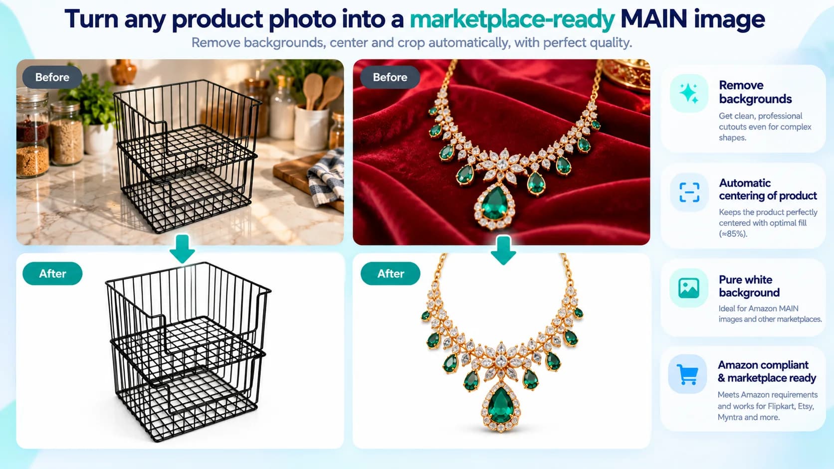 Jewelry and a mesh organizer shown in a 2 by 2 before-and-after cutout illustration.